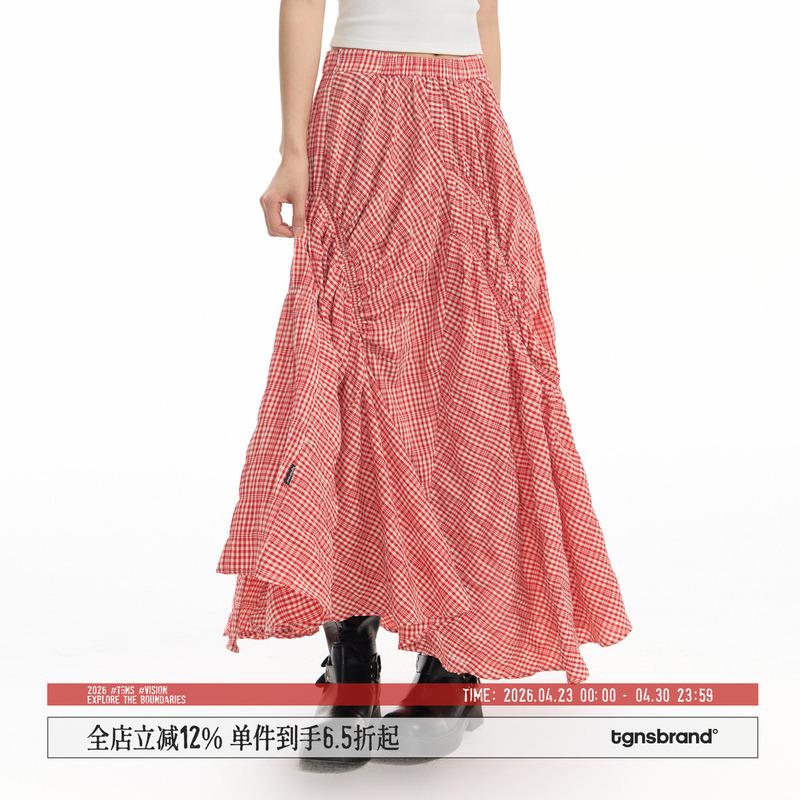 Tgns "Klinzor's Summer" Red Plaid Skirt, Irregular Summer Outfit, Long Skirt