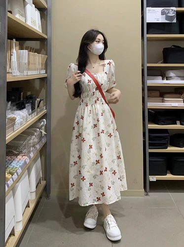 Летнее платье, милая свежая шифоновая длинная юбка, французский стиль, в цветочек, средней длины