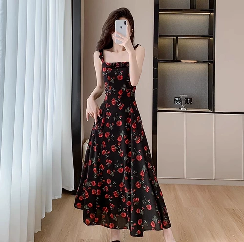 Летнее платье, корсет, шифоновая длинная юбка, в западном стиле, по фигуре, цветочный принт