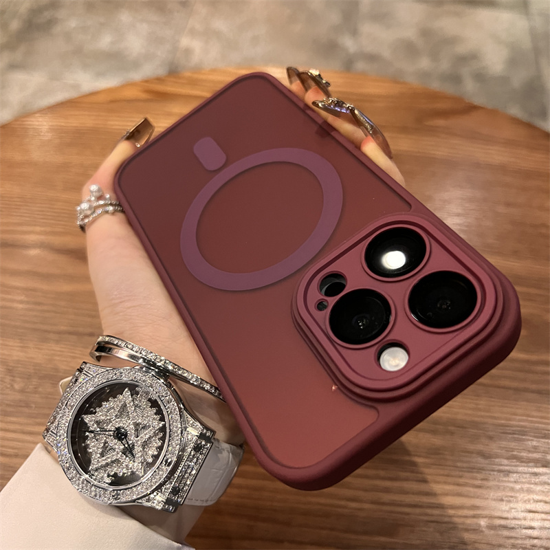 Étui de téléphone à ventouse magnétique givré rouge vin 14 nouveau iPhone 15 promax sensation haut de gamme 13 ensembles 12 tout compris_voghion.com