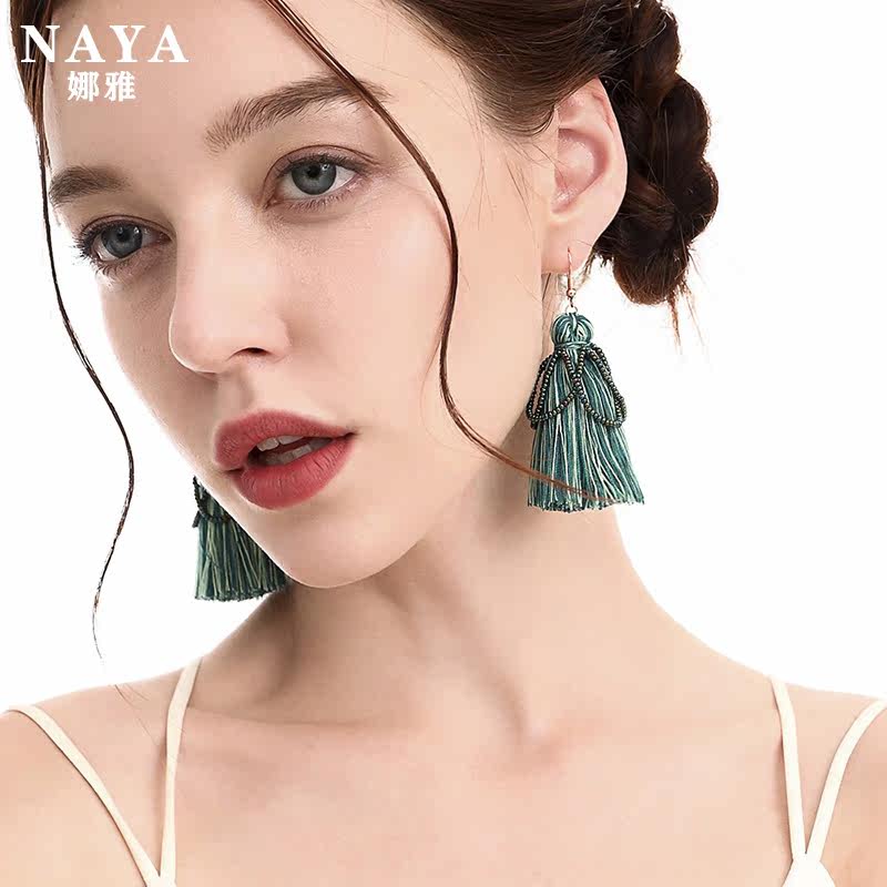 Ethnic earrings women's European and American bohemian personality earrings 2020 original handmade cotton thread rice beads tassel earrings
