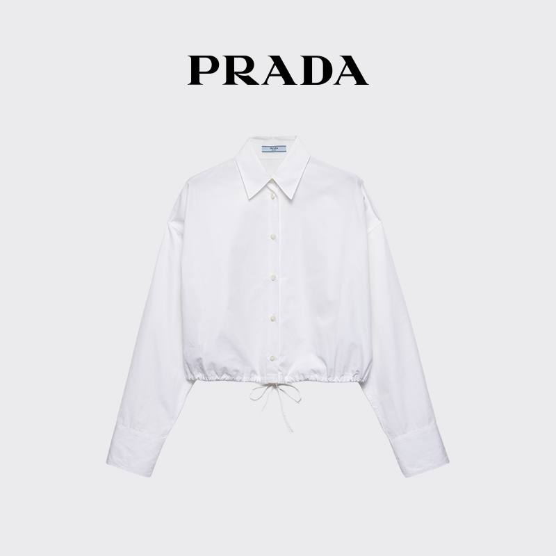 Prada Women's Logo-Embellished Poplin Textured Shirt Prada Women's Logo-Embellished Poplin Textured Shirt