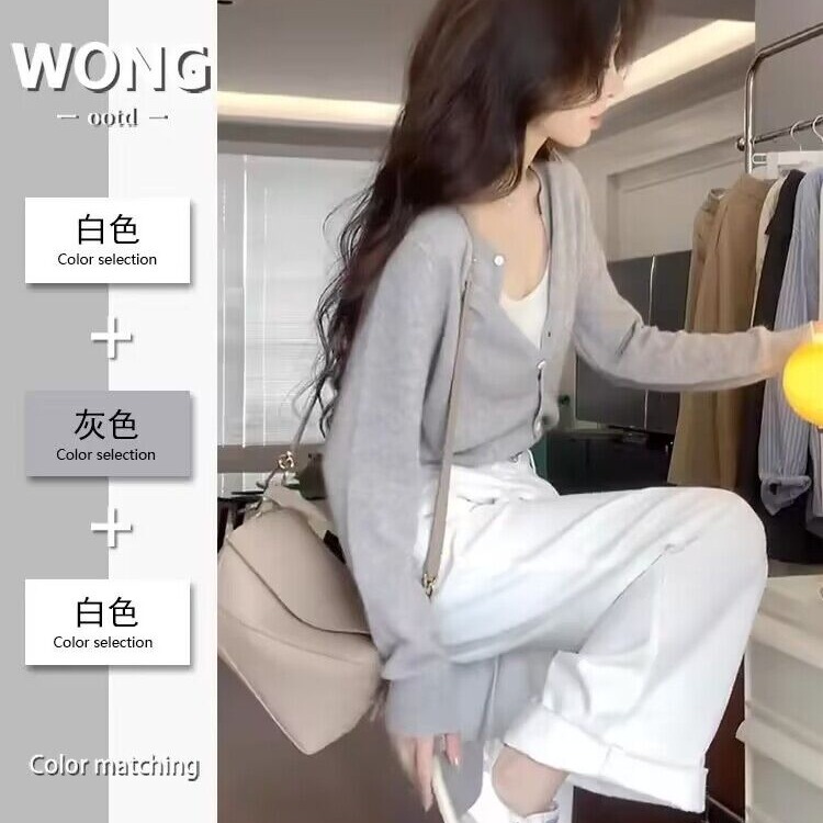 Early Spring Milk-Toned Outfit 2026 Gray Knit Suit Gentle Temperament Lazy Style Sweater Wide-Leg Pants Two-Piece Set for Women