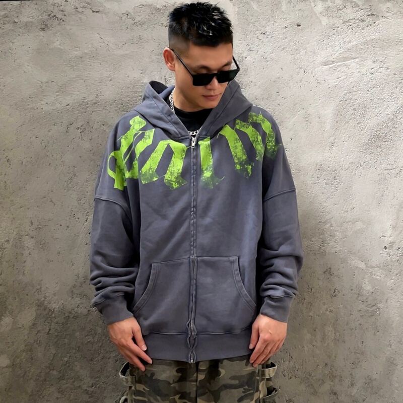 Palm Angels American High Street Style Cardigan with Large Letter Print on the Collar, Distressed Zipper Hoodie Palm Angels American High Street Style Cardigan with Large Letter Print on the Collar, Distressed Zipper Hoodie