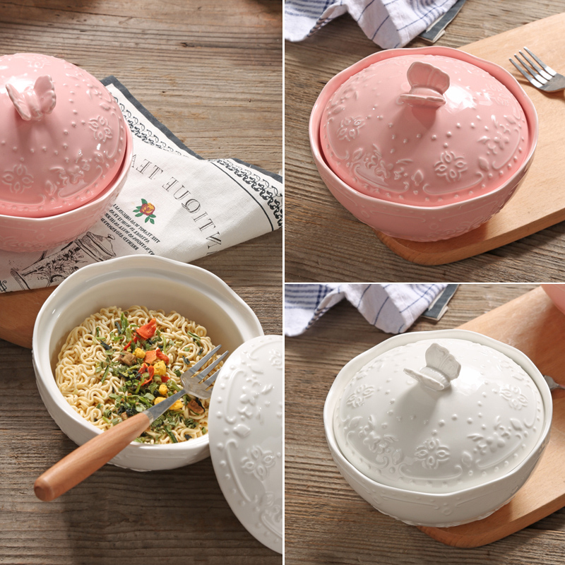 With lid butterfly flower relief instant noodle bowl lace cute household ceramic soup bowl fruit salad drink porridge can be microwaved
