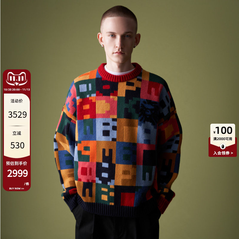 Bape Black Men's Autumn and Winter Ape Letter Plaid Color Block Knitted Sweater T4302Ml