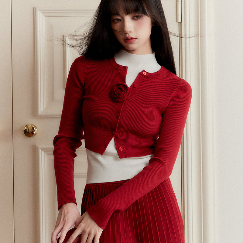 [in Stock] Fragile Goods Store New Year Christmas Atmosphere Vintage Red Knitted Sweater Cardigan Three-Piece Set Winter