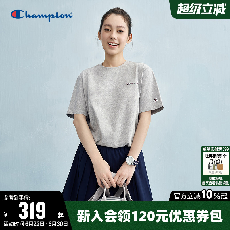 Champion T-Shirt for Women, Summer Trendy Brand, Pure Cotton Drawstring Casual Solid Color Round Neck Sports Short-Sleeve Top, Trendy