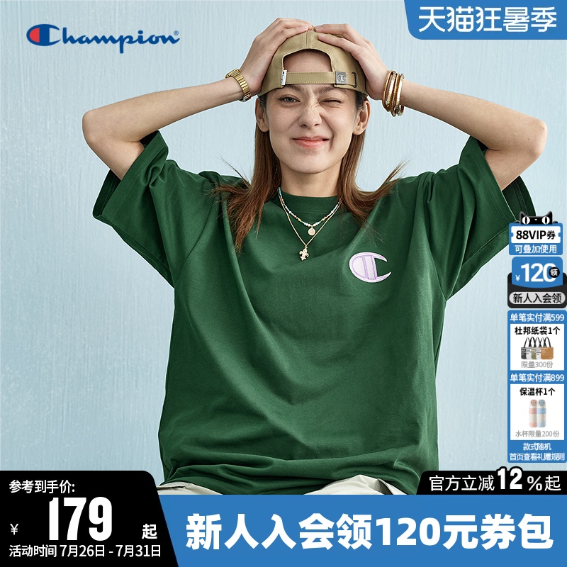 Champion T-Shirt for Women, Summer Embroidered Logo, American Style Pure Cotton, Couple's Round Neck Sports Short-Sleeve Top for Men