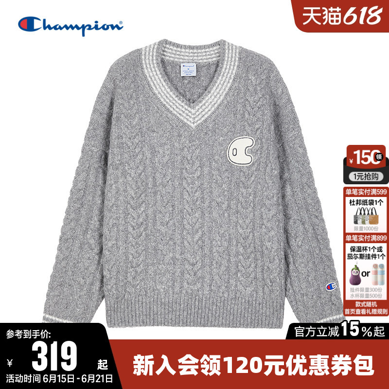 Champion Women's Knitwear 2026 Spring New Color-Blocked Embroidered Logo Casual V-Neck Pullover Sweater