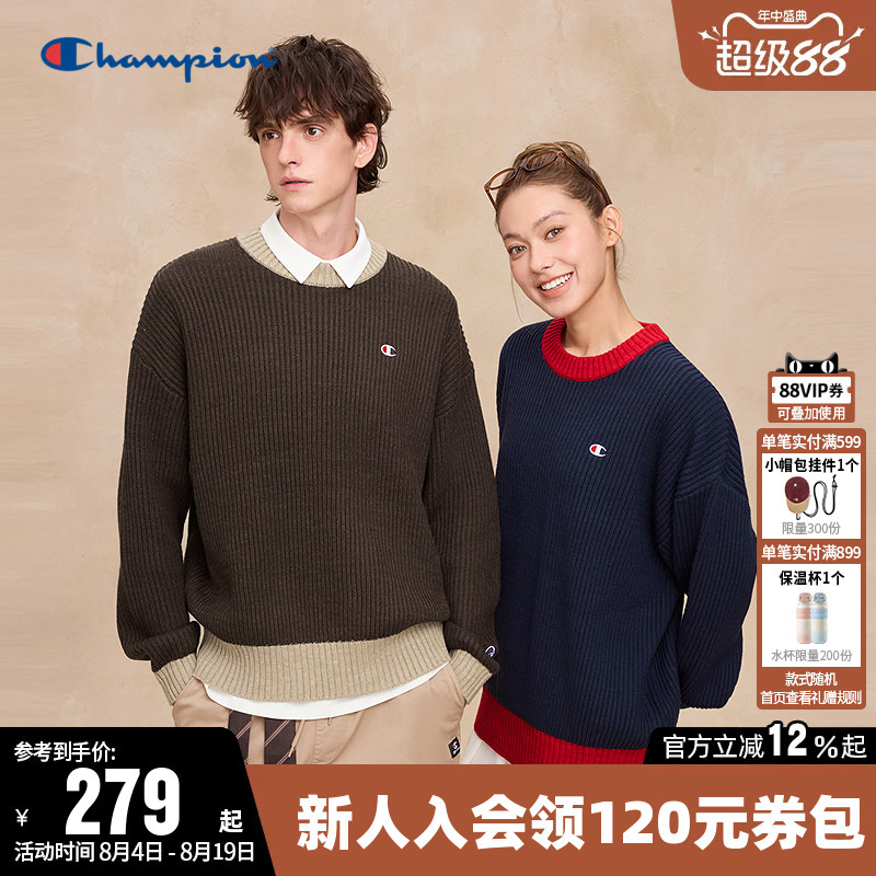 Champion Sweater for Women, Spring Couple Color-Blocked Knitwear, Round Neck Casual Long-Sleeve Loose Knitwear for Men