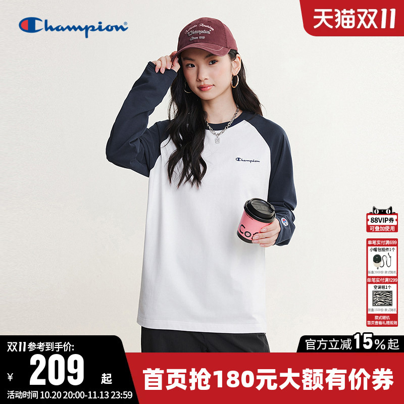 Champion T-Shirt for Women, New Autumn 26 Collection, Couple's Pure Cotton Raglan Sleeve Round Neck Loose Long Sleeve Top for Men