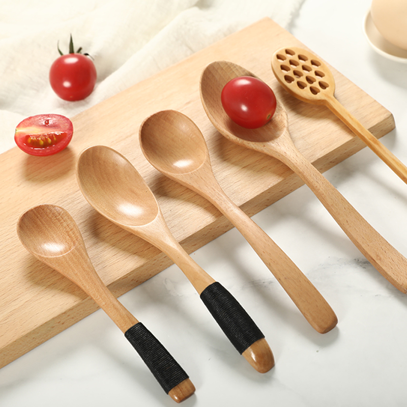 Rich and expensive home solid wood spoon long handle tablespoon small wooden spoon cutlery wood to eat tablespoon seasoning household rice spoon