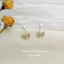Korean pearl earrings Sterling silver socialite temperament bow pendant earrings Female senior atmosphere retro Port wind Hepburn