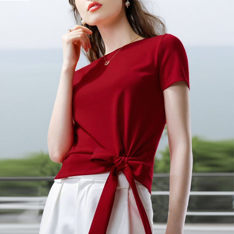 2026 New Popular Style, Very Beautiful Red Fashionable Bow-Tie Top for Women, Stylish and Trendy Short-Sleeved T-Shirt
