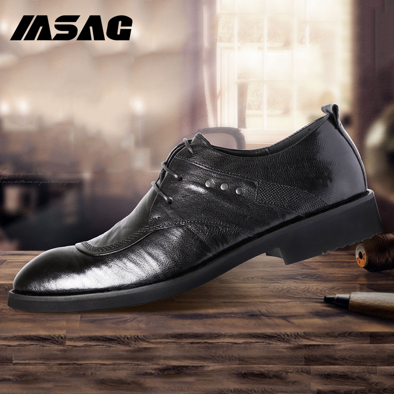 Leather shoes men's Korean style casual shoes lace-up round toe men's genuine leather British business shoes inner heightening men's shoes Derby shoes