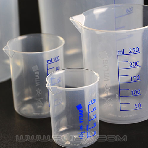 进口VITLAB塑料烧杯250/1000ml蓝色印制刻度烧杯PP材质格里芬高透