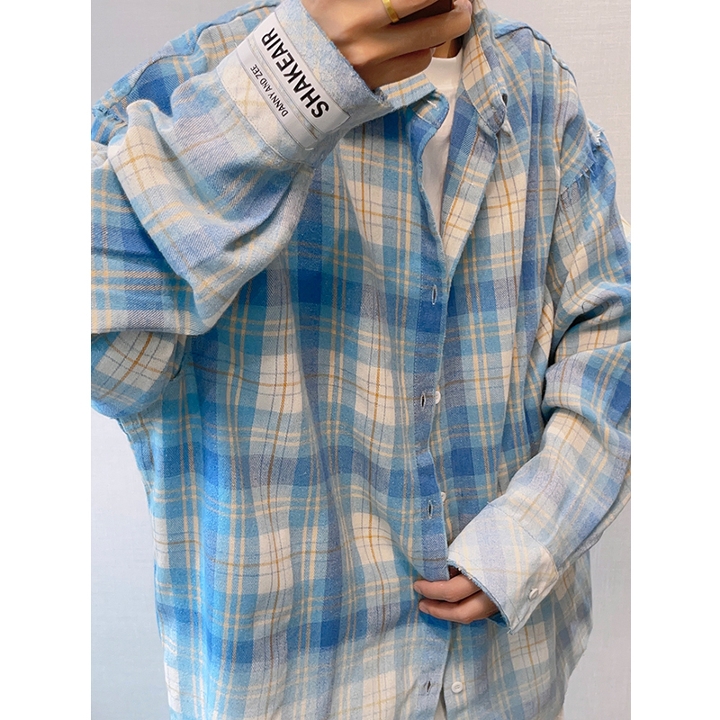 Dannyandzee Spring and Autumn Retro Versatile Aqua Blue Distressed Frayed Edge Gradient Printed Plaid Long-Sleeve Shirt for Men