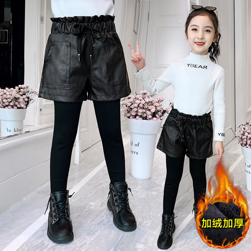 Girls leggings plaid shorts spring and autumn outside wearing 2021 new Korean version of foreign black leather shorts fake two pieces of tide