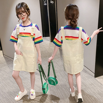 Girls summer dress harness dress suit 2021 new ocean gas mesh red 9 girl short sleeve color bar T pendant with skirt and two sets