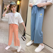 Girl pants 2021 spring summer style Han version Ocean Air Ice Silk Cotton Broadleg 90% Pants CUHK Children Loose Casual Pants