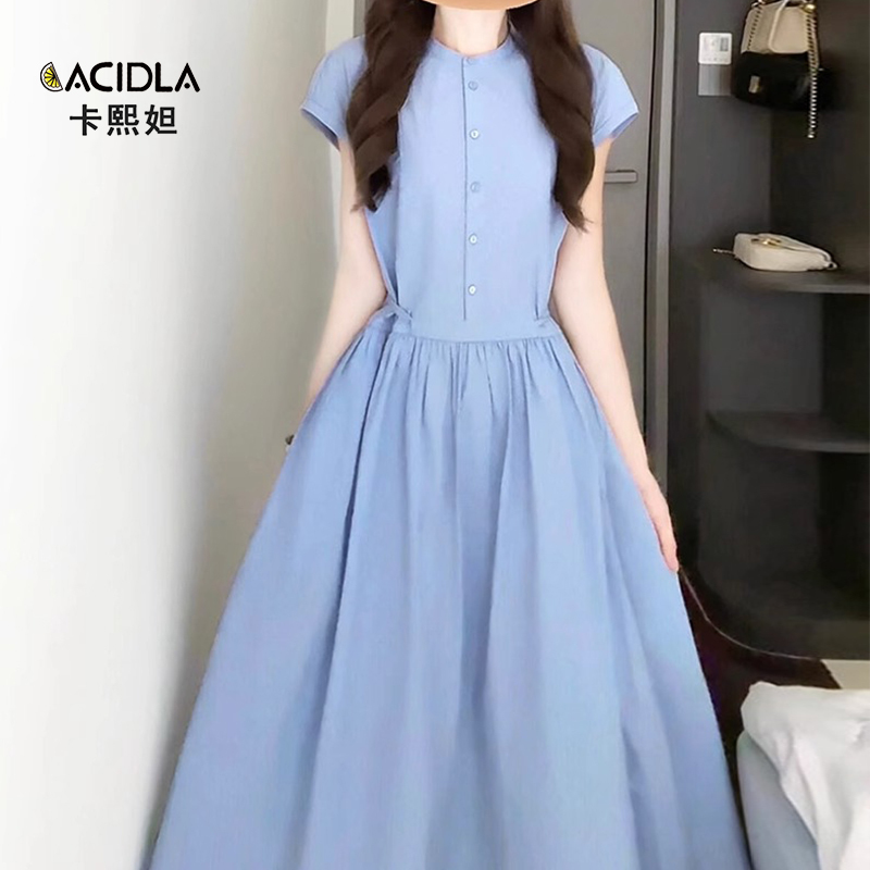 Dress for Women, Mid-Length, Summer, Flutter Sleeves, Preppy Style, Round Neck, Waist-Cinching, Slimming, Blue, Extended Length Dress Dress for Women, Mid-Length, Summer, Flutter Sleeves, Preppy Style, Round Neck, Waist-Cinching, Slimming, Blue, Extended Length Dress