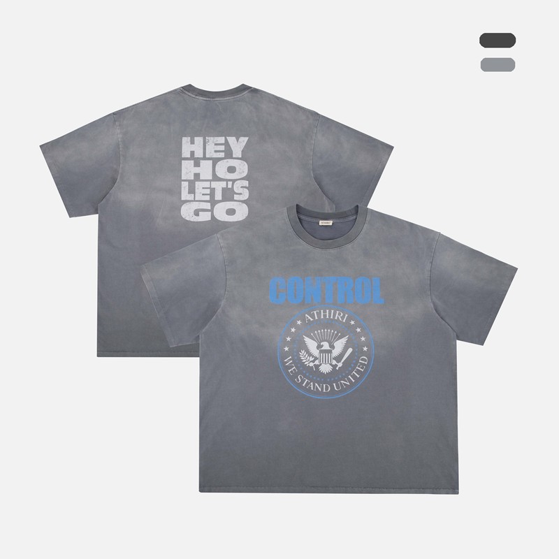 Athiri American Retro Control Badge Print Vintage Washed Distressed Single-Stitched Short-Sleeved Shirt Athiri American Retro Control Badge Print Vintage Washed Distressed Single-Stitched Short-Sleeved Shirt