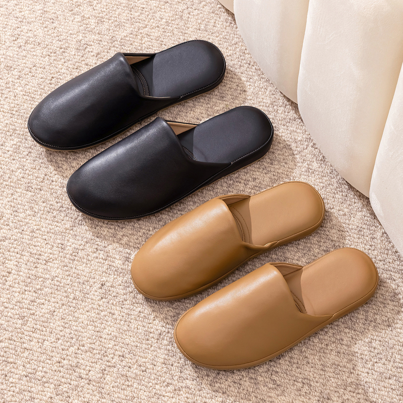 Light Luxury Genuine Leather Slippers for Women, Indoor Non-Slip Thickened Rubber Sole Slippers for Men, Office Slippers, Closed-Toe Couple Slippers
