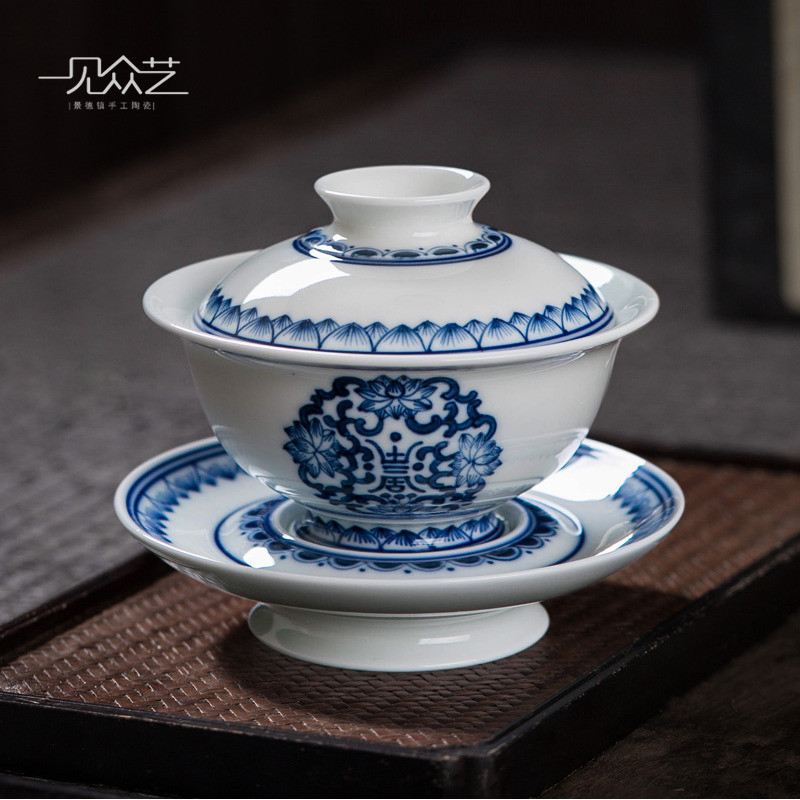 Jingdezhen ceramic three-tall cup of tea cup single large capacity tea cup tea set without hot hand-painted blue tea bowl