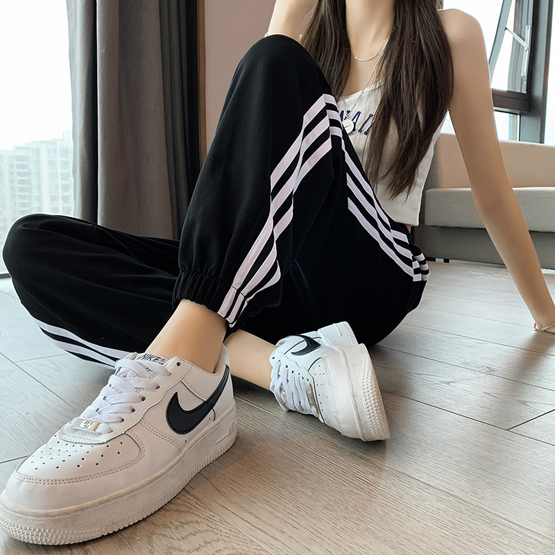 Black Women's Loose-Fitting Jogger Pants, Summer Thin Style, Cropped Length for Petite Figures, Slimming, Spring and Autumn Casual Lantern Sweatpants