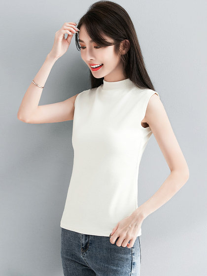 白色小半高领背心女内搭秋冬新款加厚保暖修身洋气无袖t恤打底衫