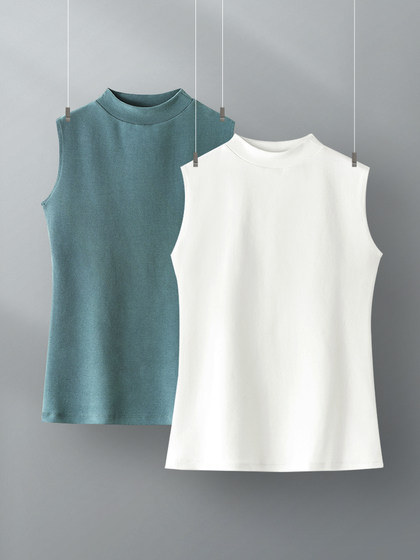 白色小半高领背心女内搭秋冬新款加厚保暖修身洋气无袖t恤打底衫