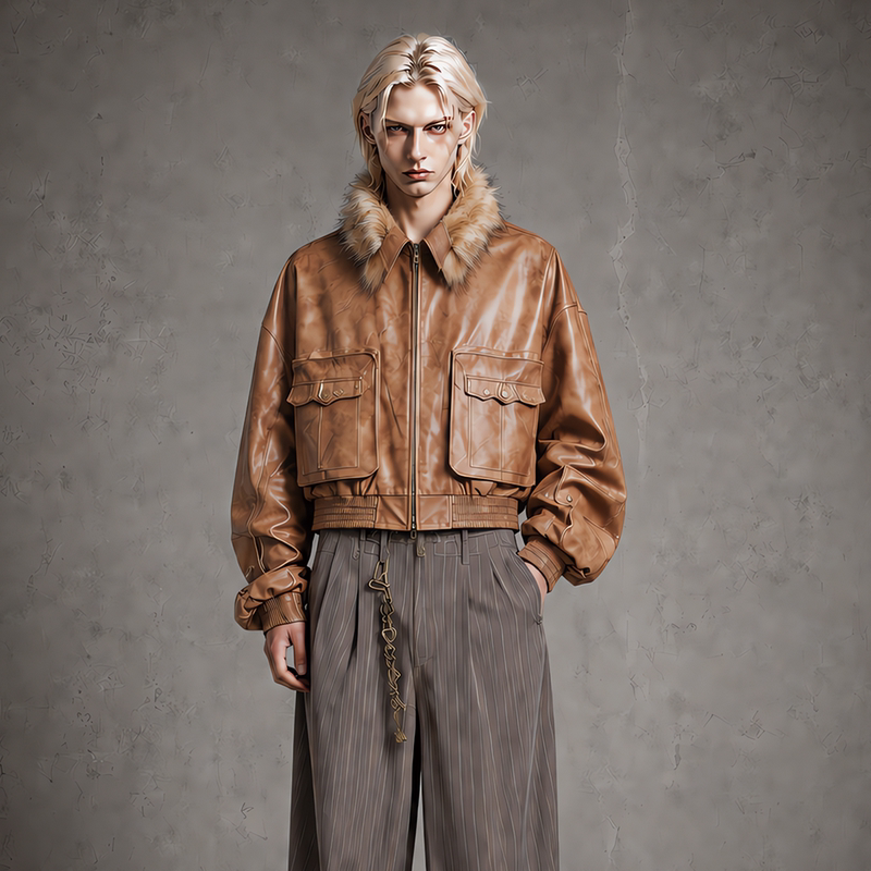 Po:Hx【邱鼎杰】Same Style Wasteland Hunter Retro Hunting-Style Short Leather Jacket Unisex