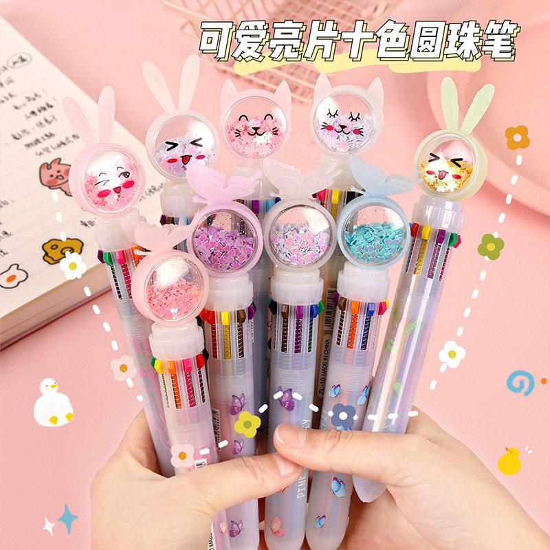 10 color transparent sequin ballpoint pen to press multicolor with super cute oil pen Children student stationery prizes colorful adorable adolescent girl by mobile hand account special note pen color cartoon pen