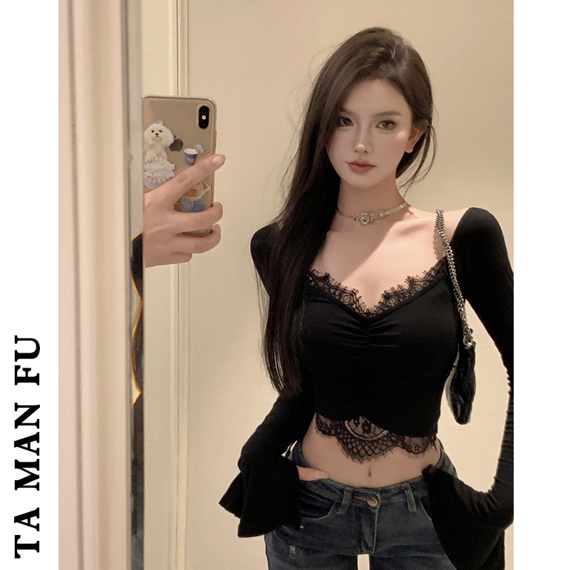 Eyelash Lace Patchwork Long-Sleeve T-Shirt for Women, Black Flared Sleeve Base Shirt, Short Crop Top with Exposed Navel, Sexy Top