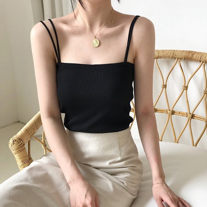 Port Taste Vintage Knit Vest Woman outside wearing black beating bottom inner lap Shoulder Beauty Back Sleeveless Double Harnet Jacket Summer Tide