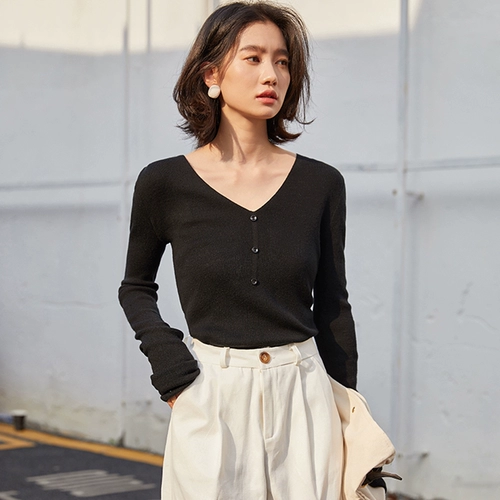 Демисезонный лонгслив, трикотажный свитер, V-образный вырез, 2020, в западном стиле, облегающий крой, в обтяжку