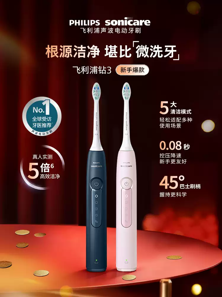 Philips 飞利浦 HX5181/01 钻石3系 电动牙刷 含2刷头 88VIP会员折后￥176.96包邮 赠牙膏90g*2支 淘金币可抵扣￥33.74