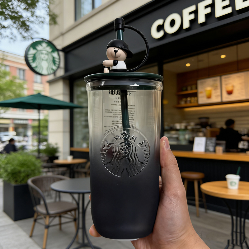 Starbucks Ink Series Gradient Glass Straw Cup with Dustproof Bear Straw Stopper Triangle Cup Cold Drink Coffee Cup