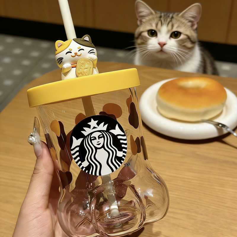 Starbucks Cup Lucky Fortune Cat Paw Shaped Glass Straw Cup Milk Coffee Cold Drink Cute Water Cup Gift