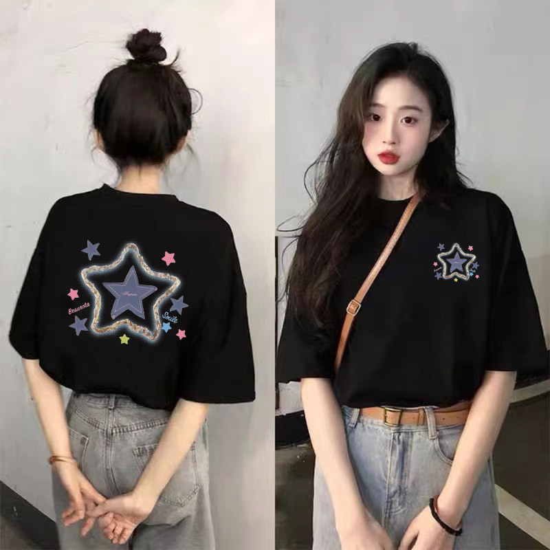 Black Short-Sleeved T-Shirt 2026 Summer New American Retro Women's Clothing Plus Size Petite Loose Belly-Covering Top ins