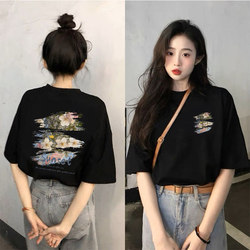 Black Short-Sleeved T-Shirt for Women 2025 Summer New Style Loose Slimming Look Fashionable Women's Design Flower Print Top