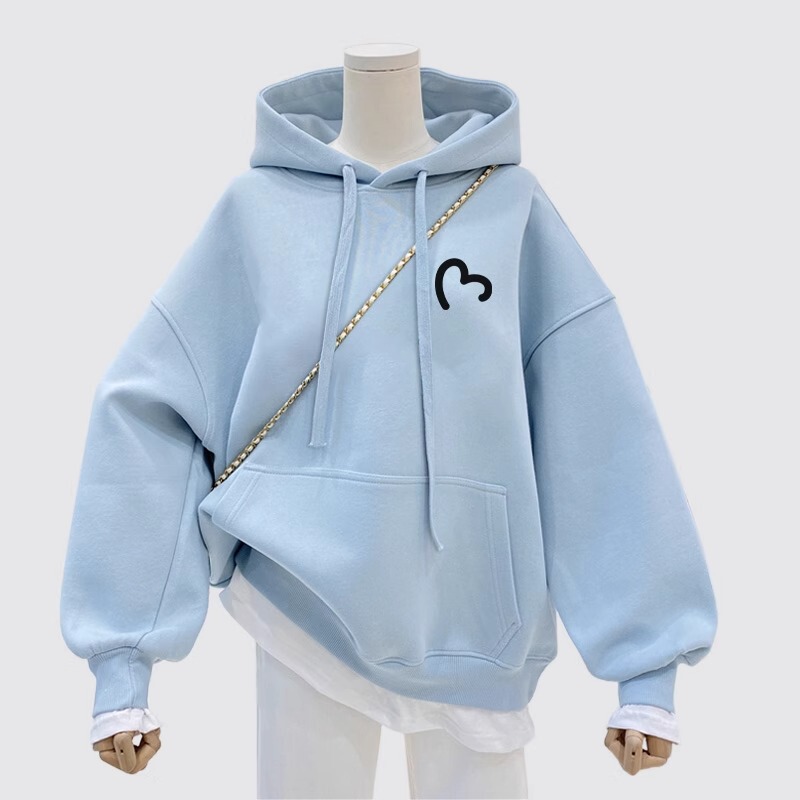 Haze Blue Hooded Fleece Sweatshirt for Women, Autumn and Winter Coat, 2026 New Popular Style, Thickened, Loose, Mid-Length Top, Thin