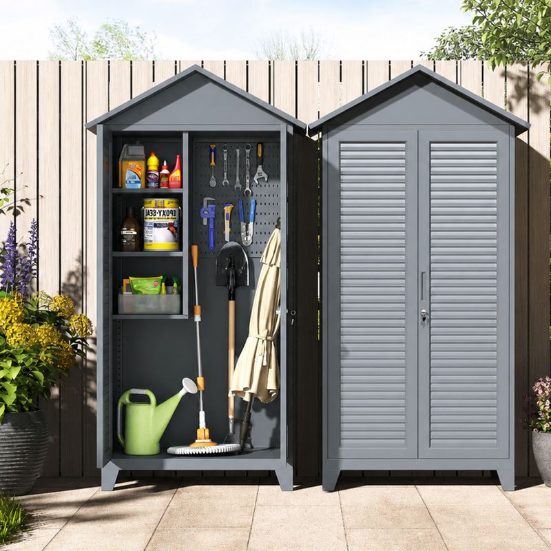 Outdoor Rainproof and Sunproof Garden Storage Cabinet with Sloped Roof, Made of Metal Steel, for Household Miscellaneous Items and Tools Outdoor Rainproof and Sunproof Garden Storage Cabinet with Sloped Roof, Made of Metal Steel, for Household Miscellaneous Items and Tools