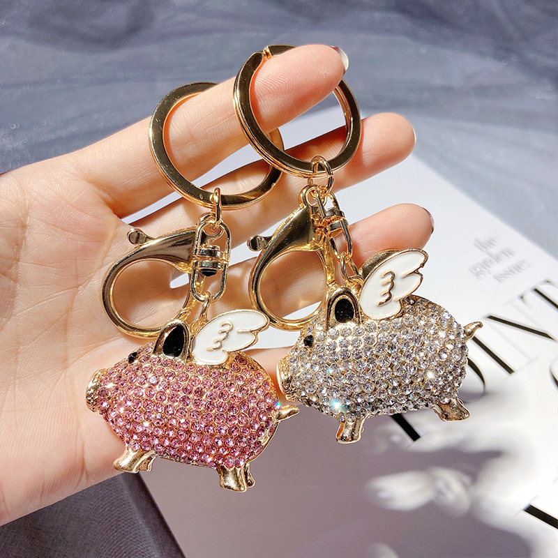 Cute Inlaid Drilling Flying Sky Small Pig Key Button Lady Fashion Zodiac Car Keyring Chain Pendant Couple Small Gift-Taobao