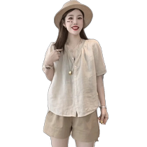 Cotton and linen short-sleeved shirts for women in summer 2024 new linen shirts with temperament belly-covering shirts round-neck doll shirts