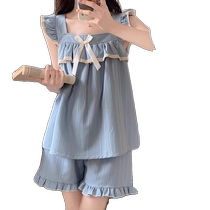 Pajamas with breast pads and straps for women summer pure cotton short-sleeved shorts sweet princess style home clothes set that can be worn outside