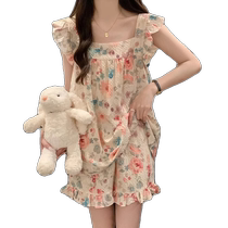 Suspender Pajamas Womens 2024 New Summer Thin Style Flower Sweet Retro Style Home Clothes Set Can Be Weared Outside