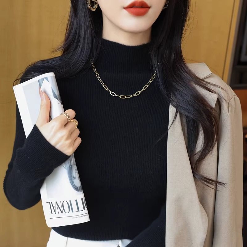 The inner hitch of the fit coat the female autumn winter new black half-height collars soft glutinous no balls knit undershirt-Taobao