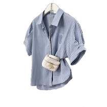 Striped blue embroidered right shoulder short-sleeved shirt for women summer design niche polo collar shirt loose top